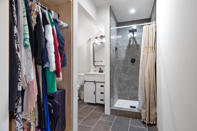 230 Holder Trl, Mckinney, TX 75071 - bathroom with vanity, a stall shower, toilet, and tile patterned flooring