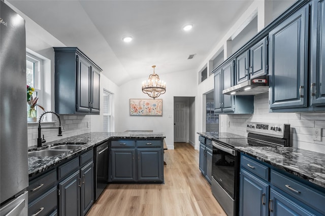 230 Holder Trl, Mckinney, TX 75071 - kitchen with appliances with stainless steel finishes, a sink, under cabinet range hood, a peninsula, and light wood-style flooring