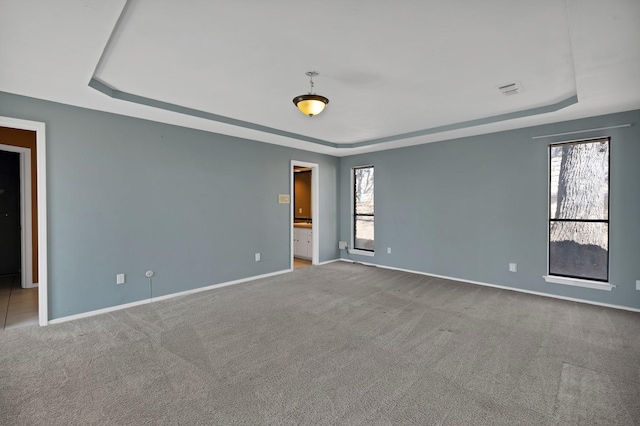 empty room with light carpet, a raised ceiling, and baseboards