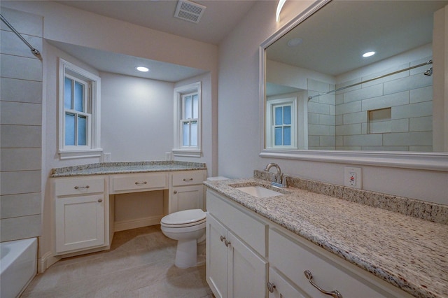 bathroom featuring recessed lighting, visible vents, vanity, and toilet