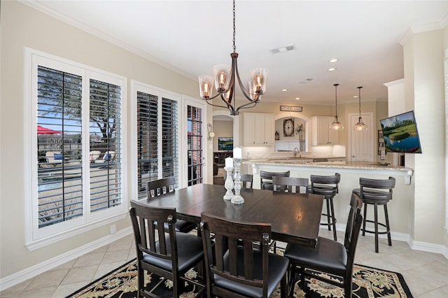 5224 N Meadow Ridge Cir, Mckinney, TX 75072 - dining area with light tile patterned floors, a chandelier, ornamental molding, baseboards, and recessed lighting
