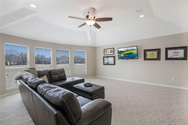 5224 N Meadow Ridge Cir, Mckinney, TX 75072 - living area featuring light colored carpet, ceiling fan, baseboards, vaulted ceiling, and recessed lighting