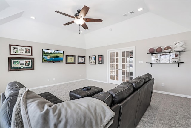 living room featuring french doors, visible vents, carpet flooring, vaulted ceiling, and baseboards