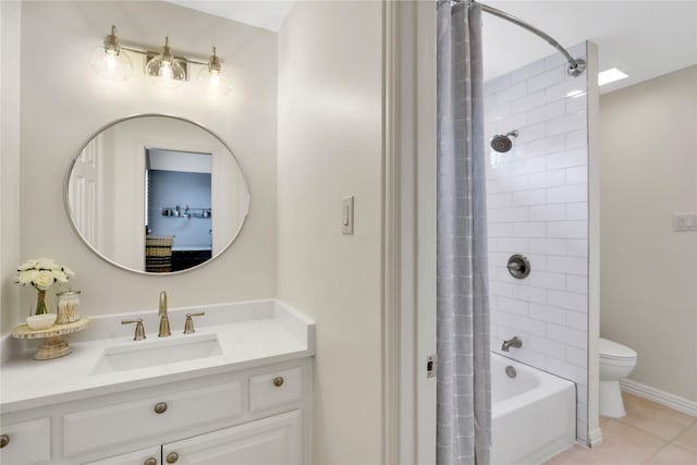 bathroom featuring toilet, tile patterned flooring, shower / tub combo with curtain, and vanity