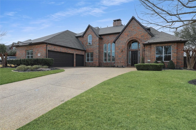 5224 N Meadow Ridge Cir, Mckinney, TX 75072 - view of front of house featuring brick siding, an attached garage, a shingled roof, driveway, and a chimney