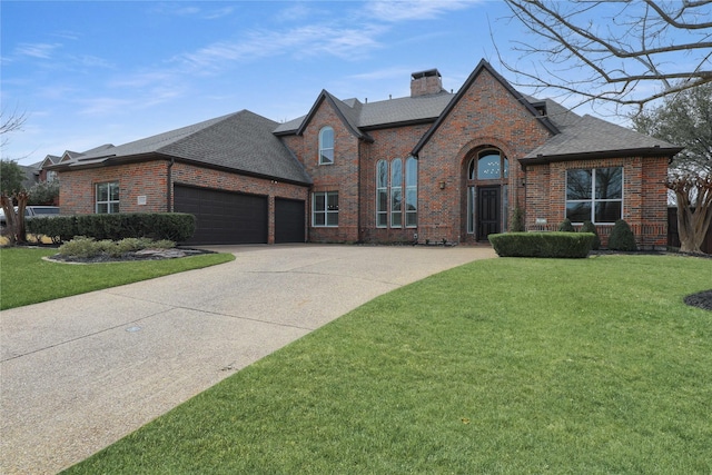 view of front of property featuring a garage, a front yard, a chimney, and brick siding