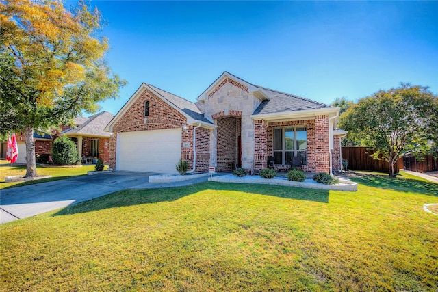 view of front of property featuring a garage, brick siding, fence, concrete driveway, and a front lawn