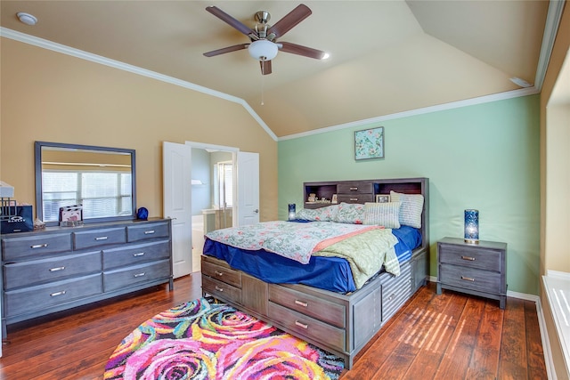 bedroom with lofted ceiling, dark wood-style flooring, a ceiling fan, baseboards, and crown molding