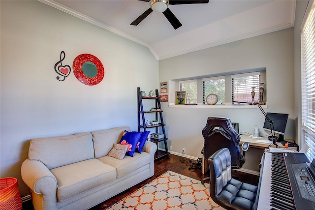 office with baseboards, lofted ceiling, ceiling fan, dark wood-type flooring, and crown molding