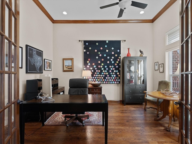 office space with ceiling fan, wood finished floors, crown molding, french doors, and recessed lighting