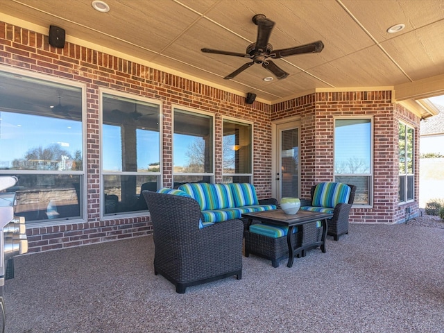 view of patio / terrace featuring ceiling fan and an outdoor hangout area