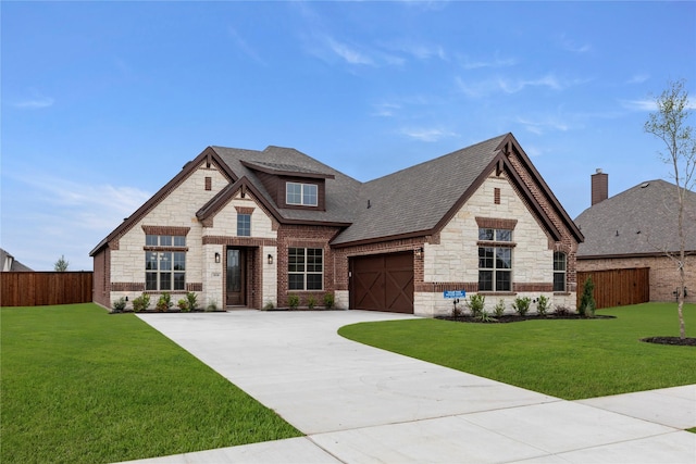 french country home with fence, concrete driveway, and stone siding