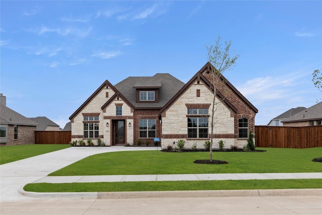 view of front of home featuring fence, a front yard, brick siding, and stone siding