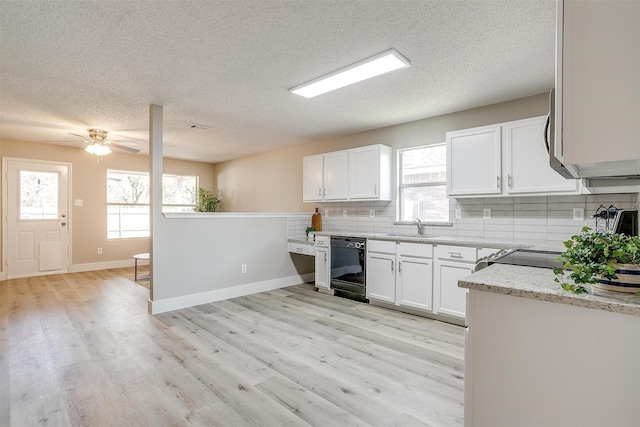 kitchen with a sink, white cabinetry, backsplash, light stone countertops, and dishwasher