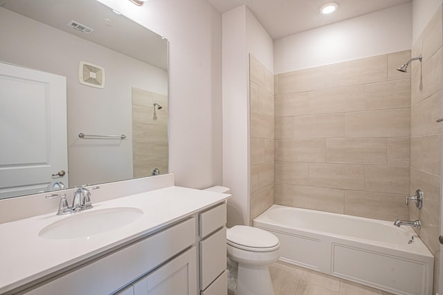 full bath with shower / bath combination, visible vents, vanity, and toilet