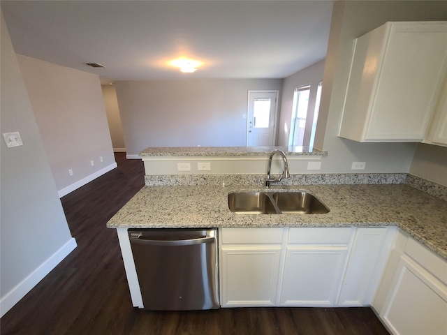 kitchen featuring light stone counters, stainless steel dishwasher, white cabinetry, a sink, and a peninsula