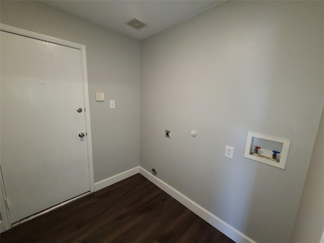 laundry room featuring hookup for an electric dryer, laundry area, washer hookup, visible vents, and dark wood-style floors