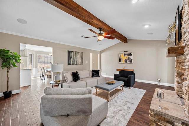 living room with vaulted ceiling with beams, wood finished floors, a ceiling fan, and baseboards