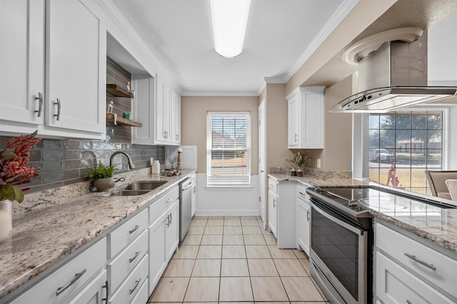 kitchen featuring wall chimney exhaust hood, stainless steel appliances, crown molding, white cabinetry, and a sink