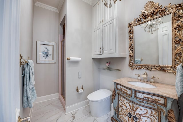 bathroom featuring baseboards, toilet, ornamental molding, marble finish floor, and vanity