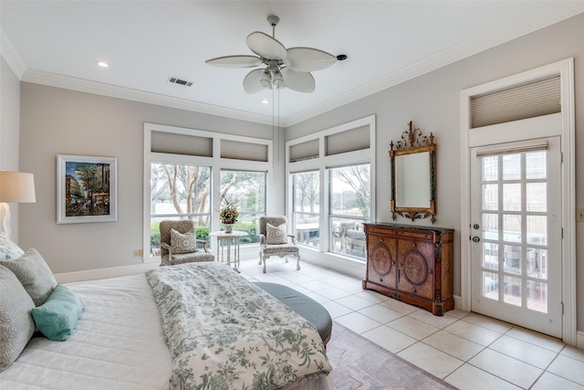 bedroom with light tile patterned floors, multiple windows, visible vents, and crown molding