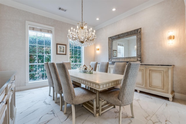 dining area with marble finish floor, ornamental molding, and visible vents