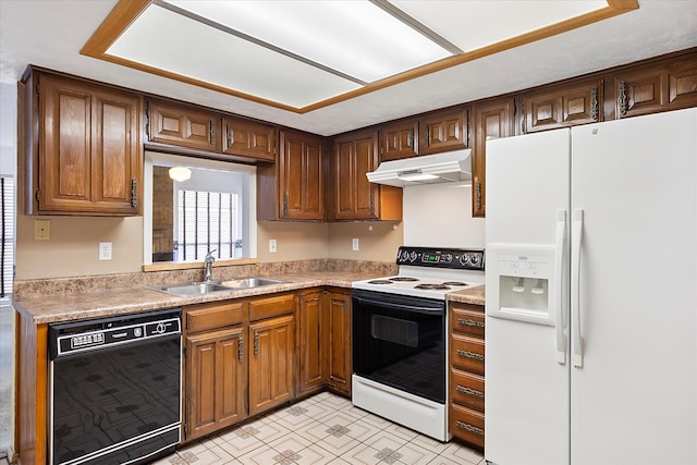 kitchen with under cabinet range hood, light countertops, electric stove, dishwasher, and white fridge with ice dispenser