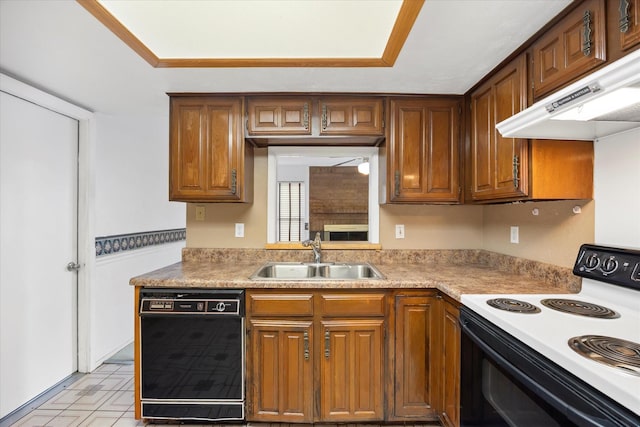 kitchen featuring range with electric stovetop, light countertops, a sink, dishwasher, and under cabinet range hood