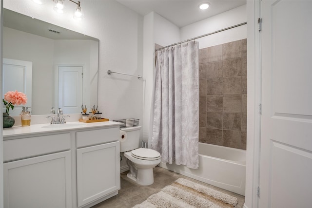 full bath featuring visible vents, toilet, shower / bathtub combination with curtain, vanity, and tile patterned floors