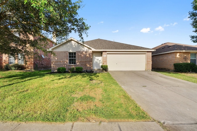 single story home with brick siding, an attached garage, driveway, and a front lawn