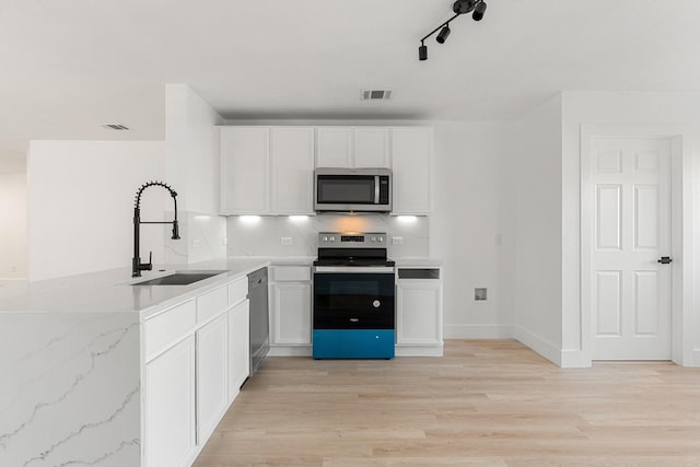 kitchen featuring stainless steel appliances, a sink, visible vents, white cabinets, and light countertops