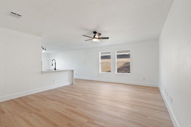 unfurnished living room featuring light wood-style flooring, a sink, visible vents, baseboards, and a ceiling fan