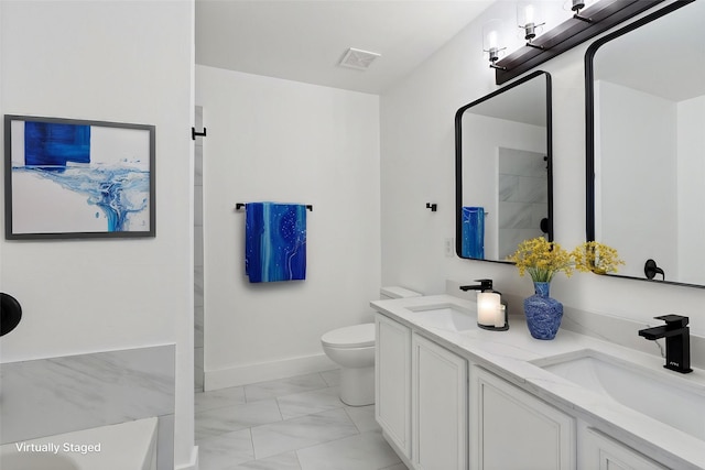 full bathroom with visible vents, a sink, toilet, and double vanity