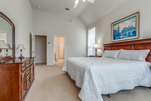 11451 La Grange Dr, Frisco, TX 75035 - bedroom featuring light colored carpet, high vaulted ceiling, a ceiling fan, and baseboards