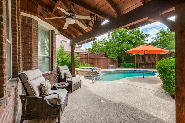 11451 La Grange Dr, Frisco, TX 75035 - view of swimming pool featuring a ceiling fan, a patio, a fenced backyard, and a pool with connected hot tub