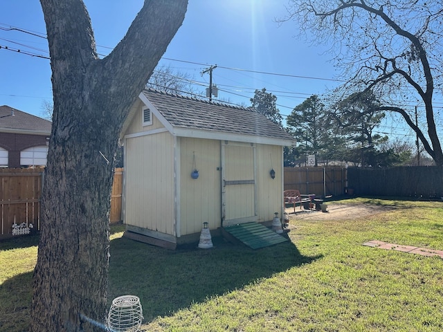 view of shed featuring a fenced backyard