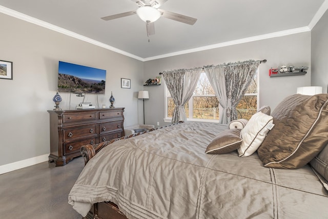 bedroom with a ceiling fan, baseboards, concrete flooring, and crown molding