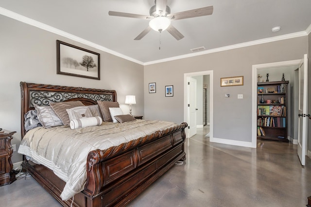 bedroom with visible vents, crown molding, finished concrete flooring, and baseboards