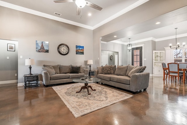 living room featuring recessed lighting, ceiling fan with notable chandelier, visible vents, baseboards, and finished concrete floors