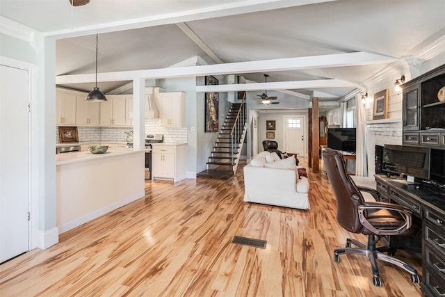 1501 Oak Shore Dr, Tool, TX 75143 - home office featuring vaulted ceiling with beams, light wood-type flooring, ceiling fan, baseboards, and visible vents
