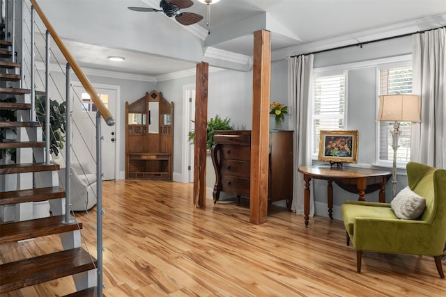 1501 Oak Shore Dr, Tool, TX 75143 - entrance foyer with stairway, wood finished floors, ceiling fan, and crown molding