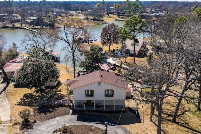 drone / aerial view featuring a water view