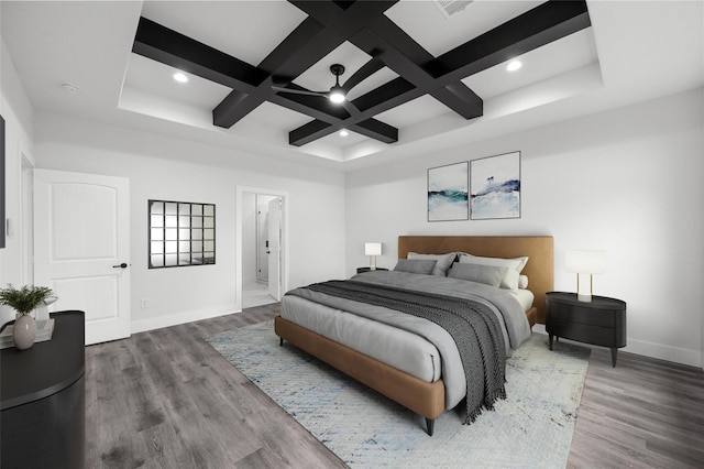 bedroom with baseboards, coffered ceiling, wood finished floors, beam ceiling, and recessed lighting