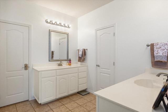 full bath featuring a closet, vanity, and tile patterned floors