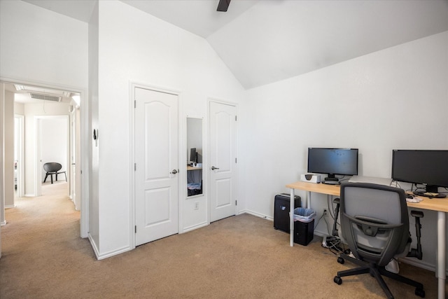 office space featuring high vaulted ceiling, light colored carpet, visible vents, baseboards, and attic access