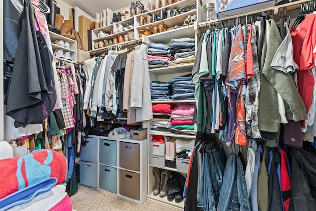 spacious closet featuring light carpet