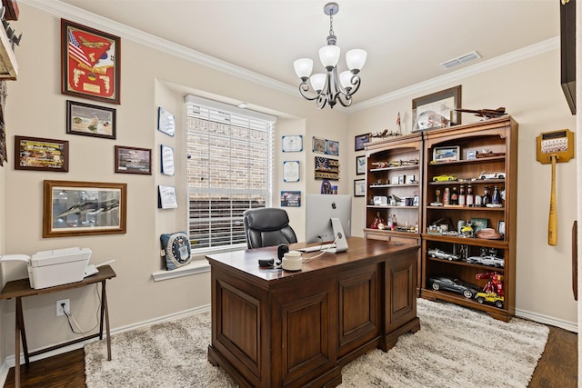 office featuring ornamental molding, a chandelier, and wood finished floors