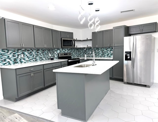 kitchen with a kitchen island with sink, a sink, visible vents, hanging light fixtures, and appliances with stainless steel finishes