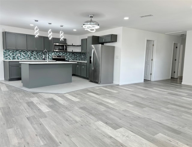 kitchen with appliances with stainless steel finishes, a kitchen island with sink, gray cabinets, and light countertops