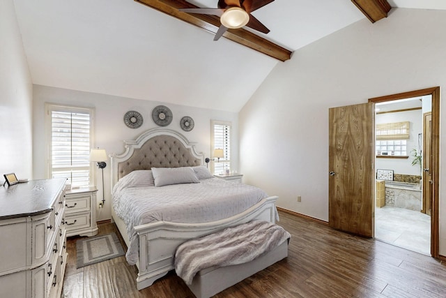 bedroom with vaulted ceiling with beams, ensuite bathroom, wood finished floors, a ceiling fan, and baseboards